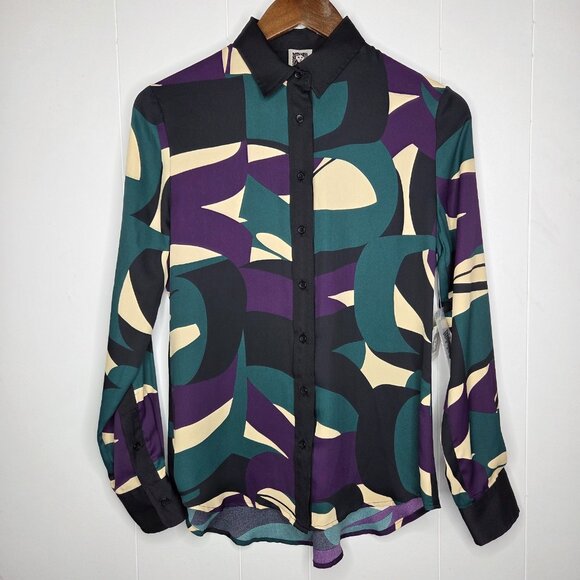 Anne Klein Womens Manet Green Combo Button Front Blouse Size 4 Artsy Career NWT - Picture 1 of 11